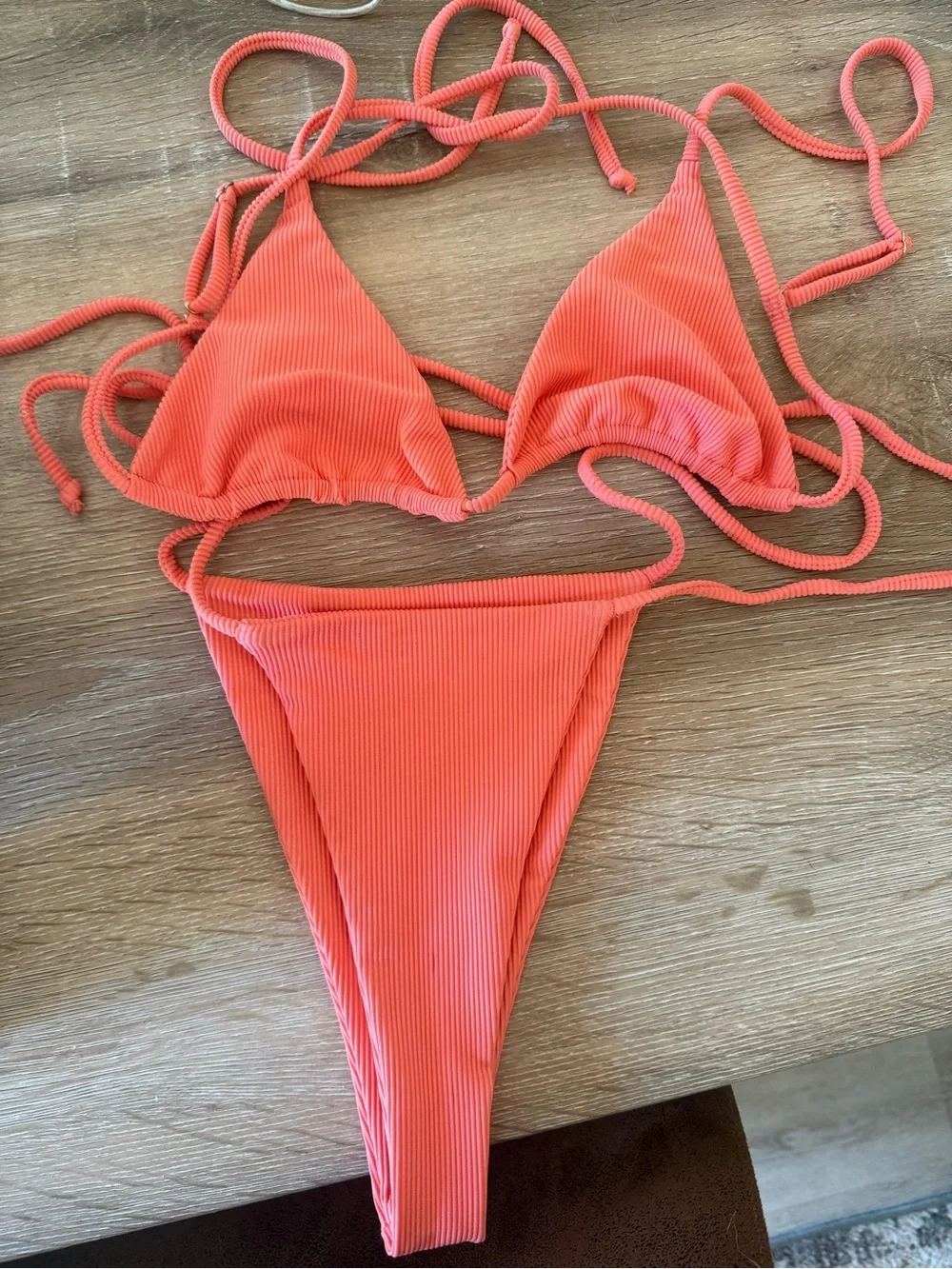 Skatie Coral Ribbed Triangle String Bikini - Picture 1 of 4